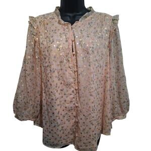 LC Laurent Conrad Shirt XXL Pink & Floral W/Gold Polka-dots Ruffle Neck/Sleeves